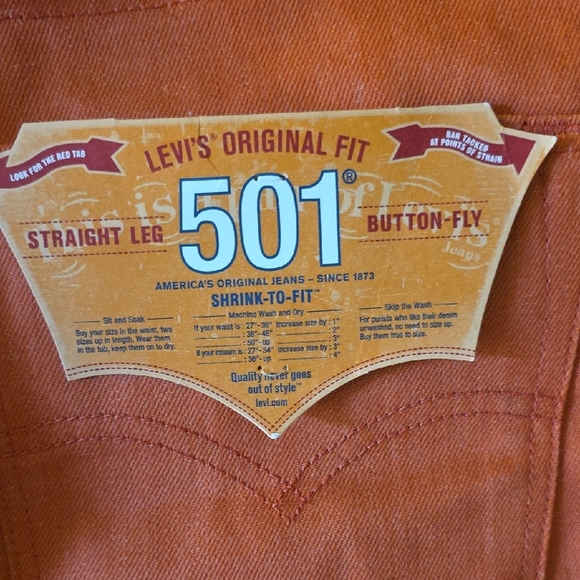 NWT Levi's Men's Orange Denim Pants that are Shrink to fit-Size 33x30 - Picture 4 of 5